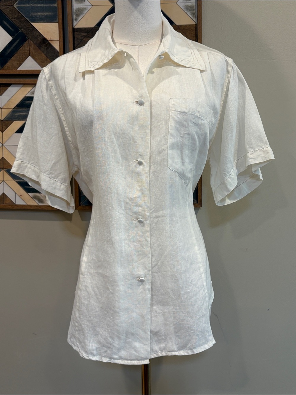 Vintage Ralph Lauren Ivory Short-Sleeve Button-Down Hemstitch Linen Blouse sz 8